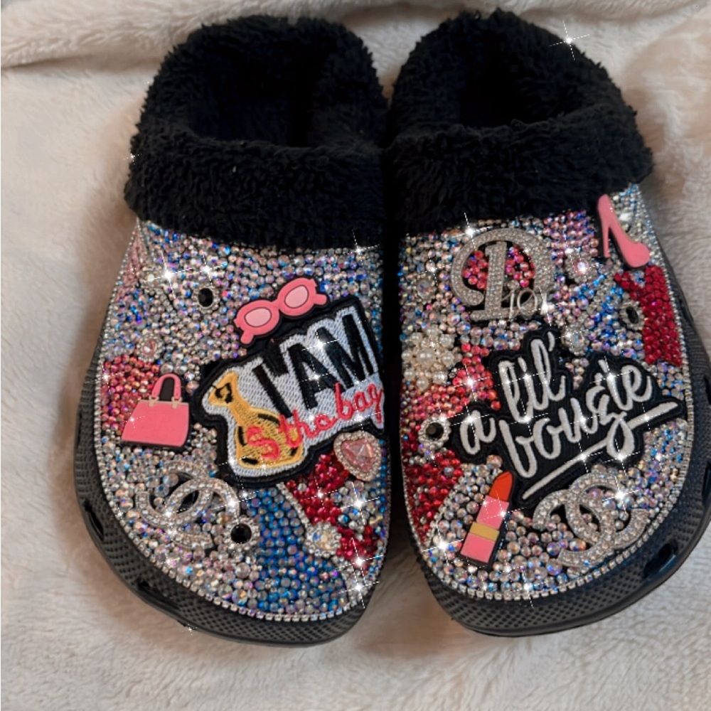 Black Fuzzy Bling Slides